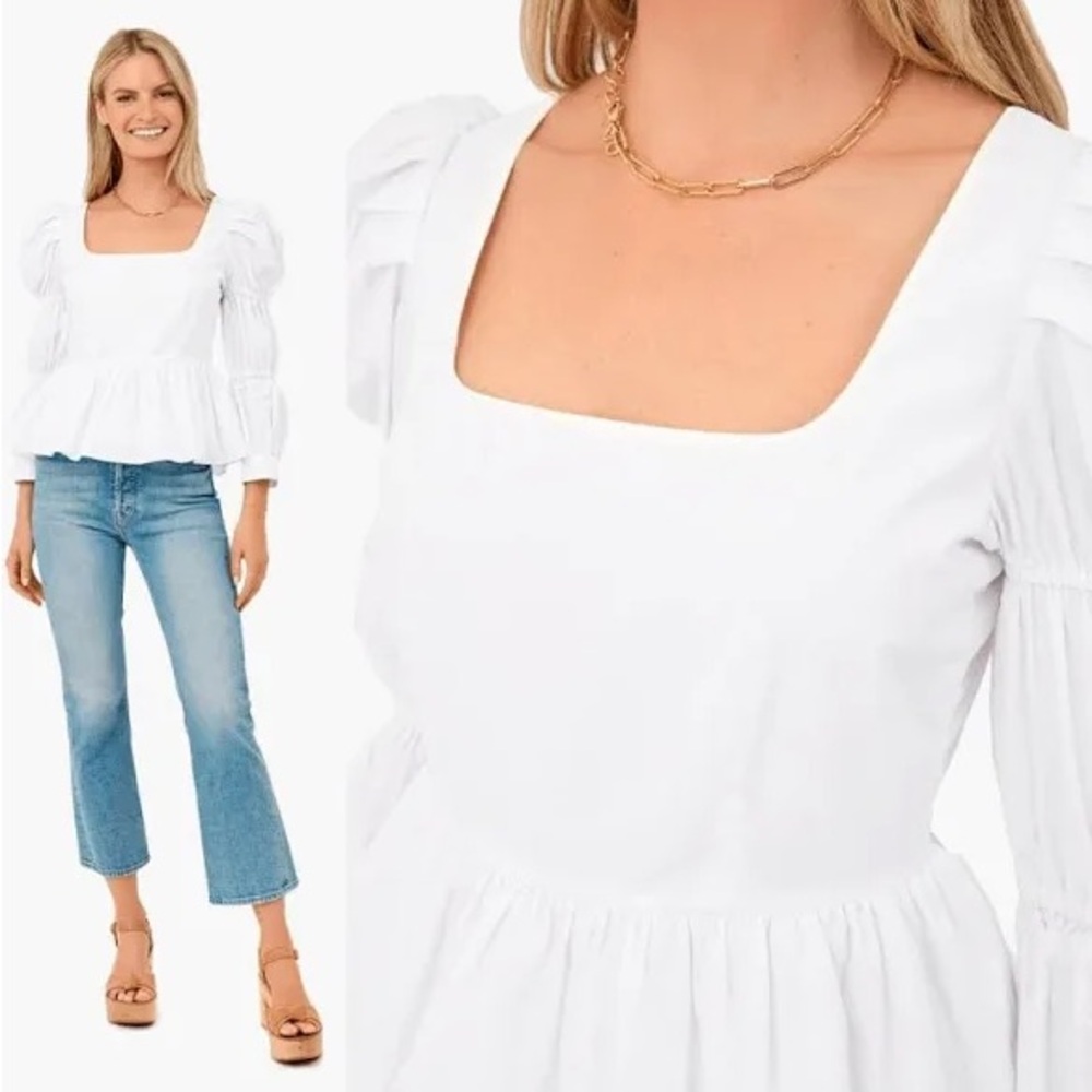 White Peplum Puff Sleeve Blouse